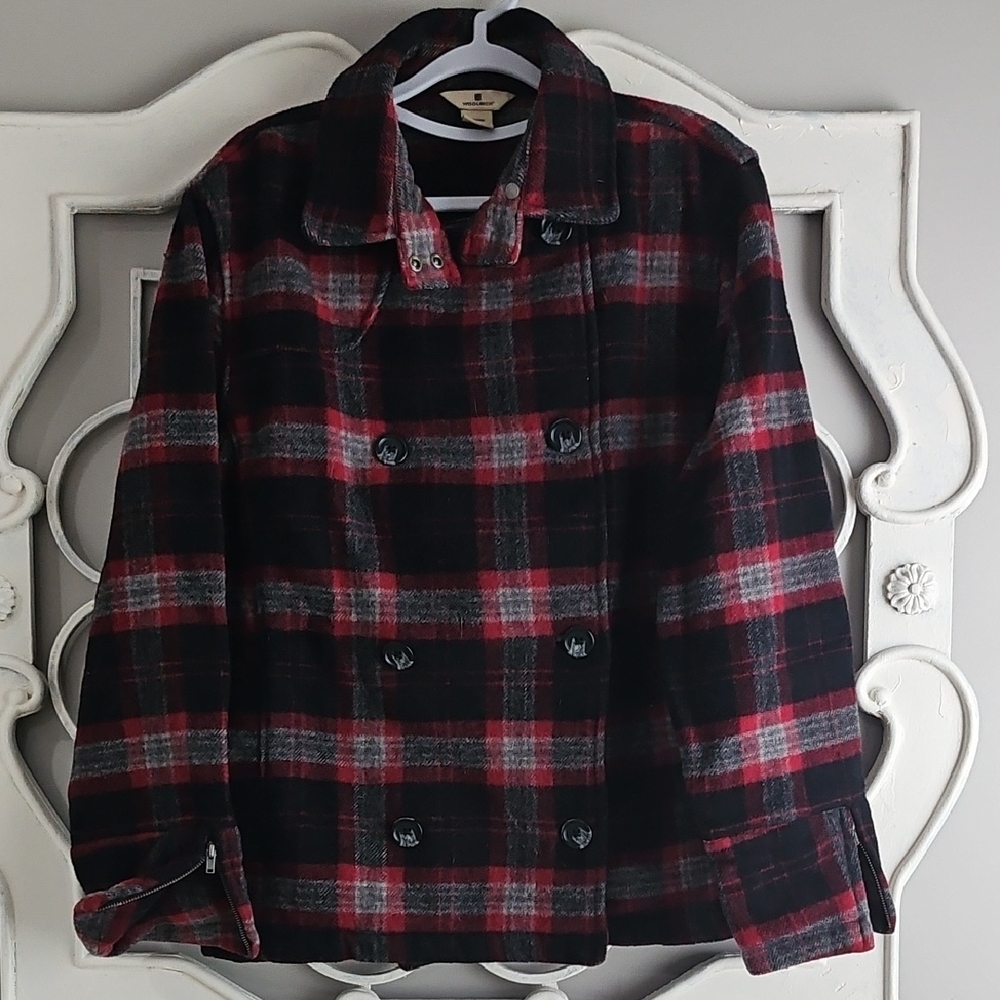 Woolrich Red and Black Plaid Pea Coat
